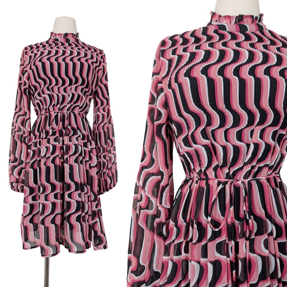 Et Vous Chevron Midi Dress Puff Sleeve Long Sleeve Size XL